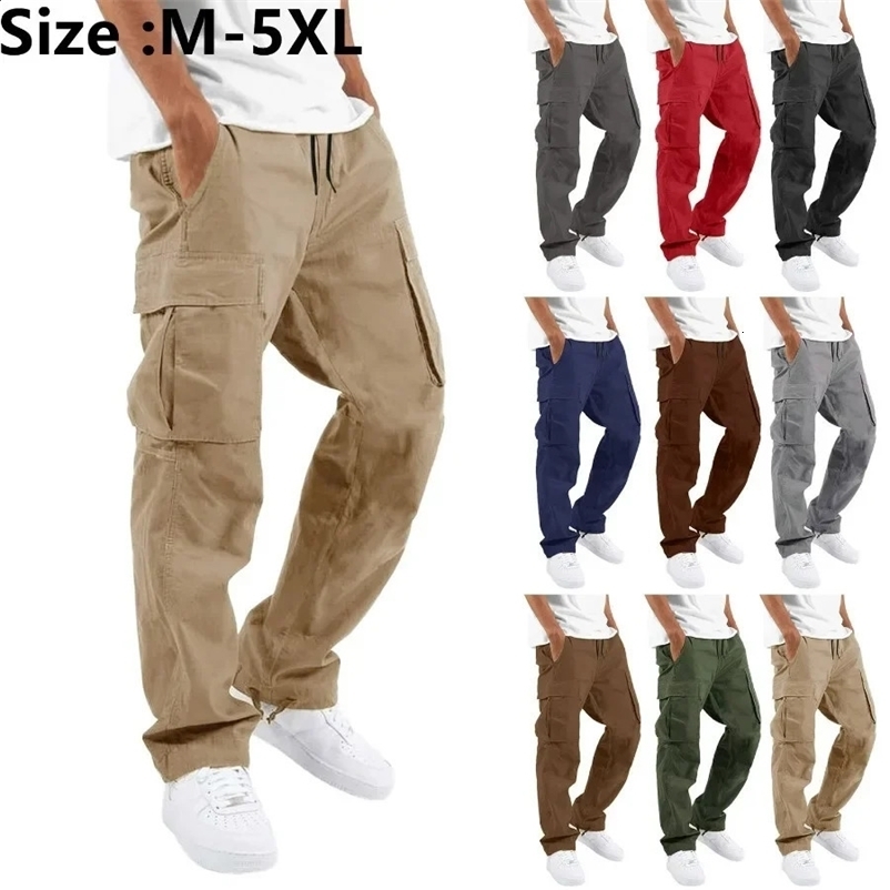 Cargo Pants Trousers for Men Full Length Solid Color Loose Multi-pocket Drawstring Pockets Pants Male Cargo Pants 5XL 240911