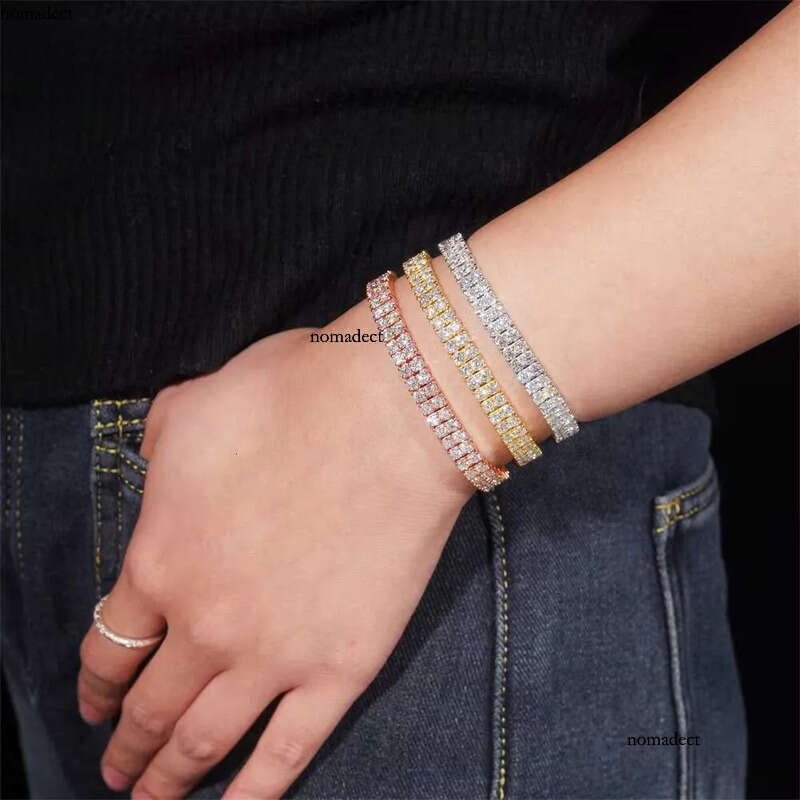 2Rows 3mm VVS Moissanite Pass Tester Sier Hip Hop Jewelry Bracelet Iced Out Dia Tennis Chain de