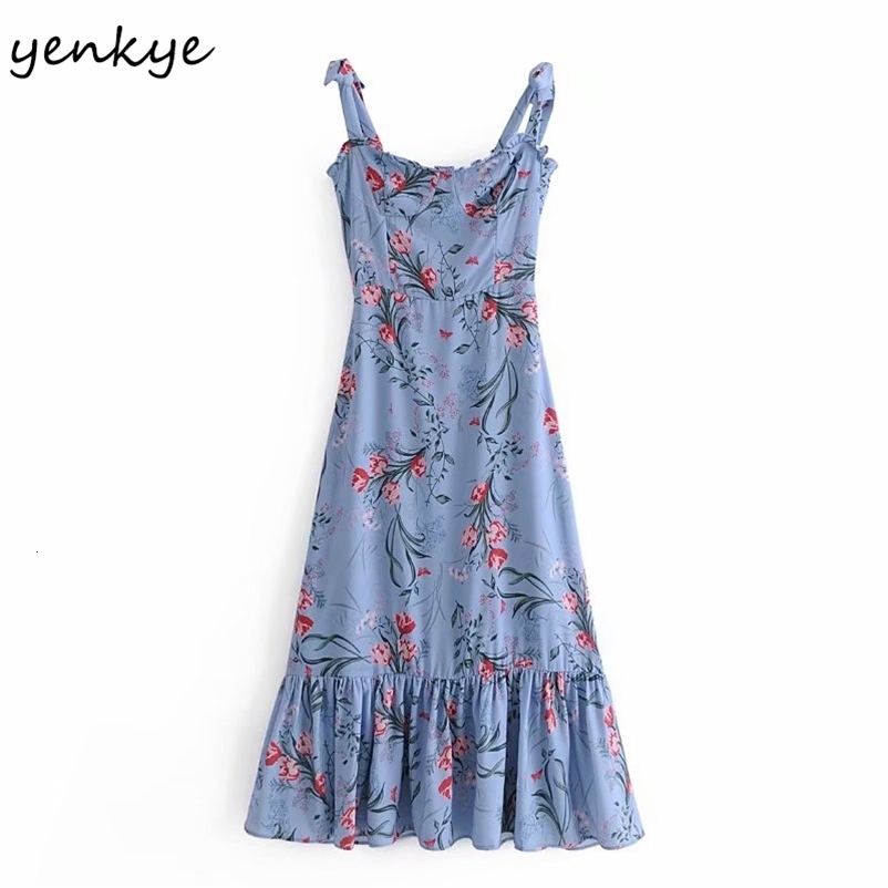 YENKYE Vintage Prairie Chic Floral Print Summer Dress Women Sexy Sleeveless Ruffle A-line Elegant Party Dress Chiffon Vestido 210515