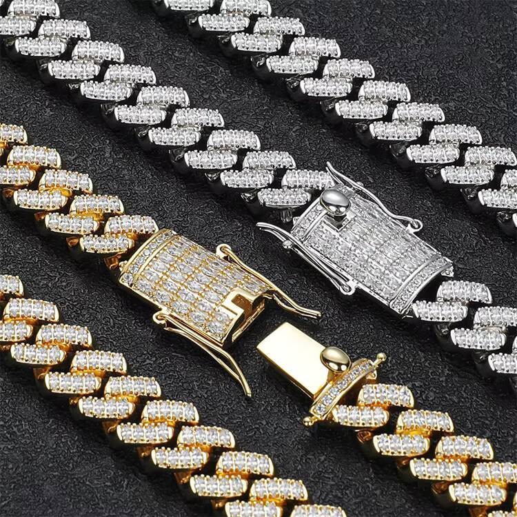 JWY Customized Trend 12mm High Quality 18K Gold Plated Brass Hip Hop Link Chain Moissanite Necklace for Anniversaries Rapper Style