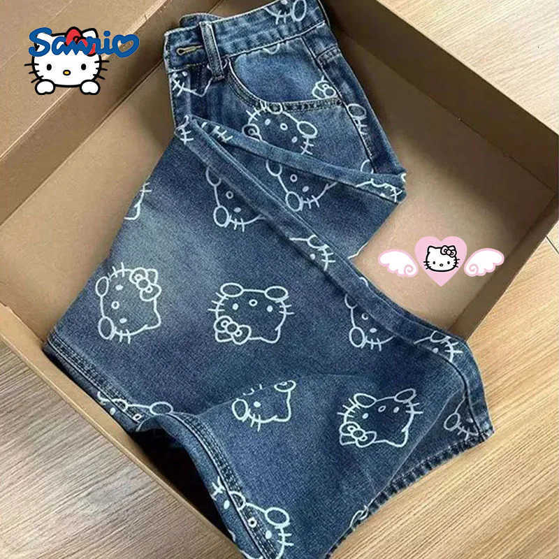 Sanrio Kawaii Hello Kittys Printed Jeans for Women Fashion High Waist Wide Leg Pant Cartoon Denim Pant Y2K Casual Trousers for Teenager L250925
