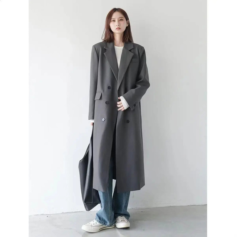 Casual Double Chest Long Jacket Trench Coat Korean Fashion Collar Windproof Retro Office Womens 240826
