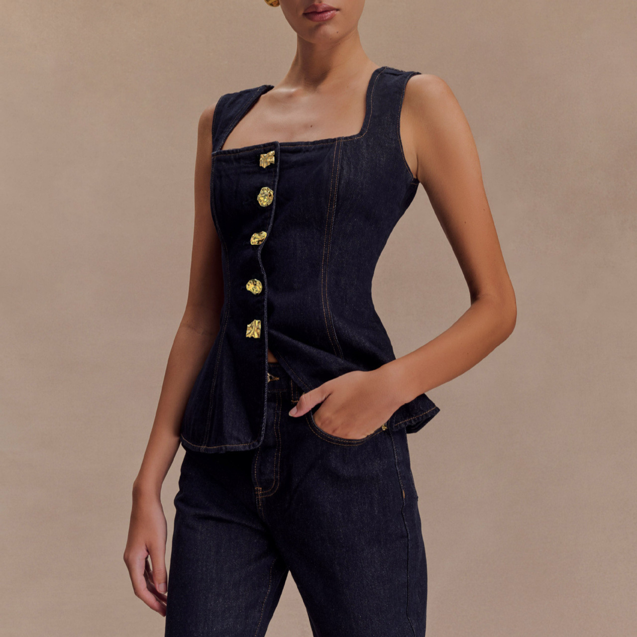 2025 Women's Fashion Modern Style Button High Waist Denim Top and Pants Set 30857