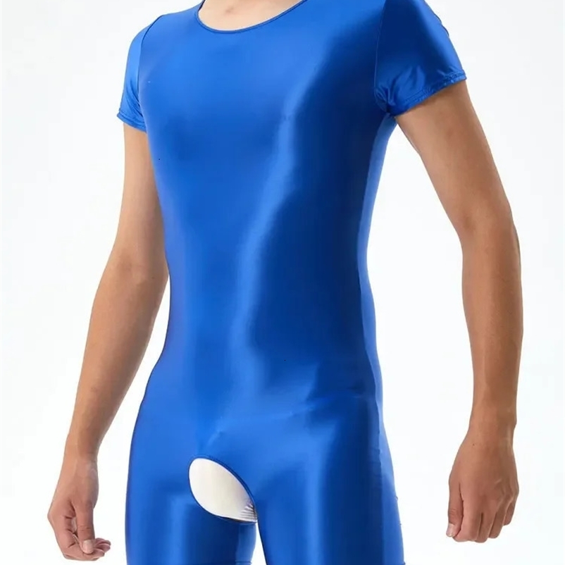 Sexy Mens Open Crotch Bodysuit Short Sleeve Oil Shiny Glossy Tights High Elastic Man Clothing Shapers Exotic Leotard 240703