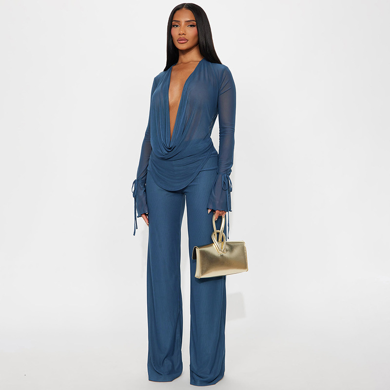 2023 J25ST273 Women's Fashion Sexy Mesh Swing Collar Tie Sleeve Top Slim Fit Long Pants Set