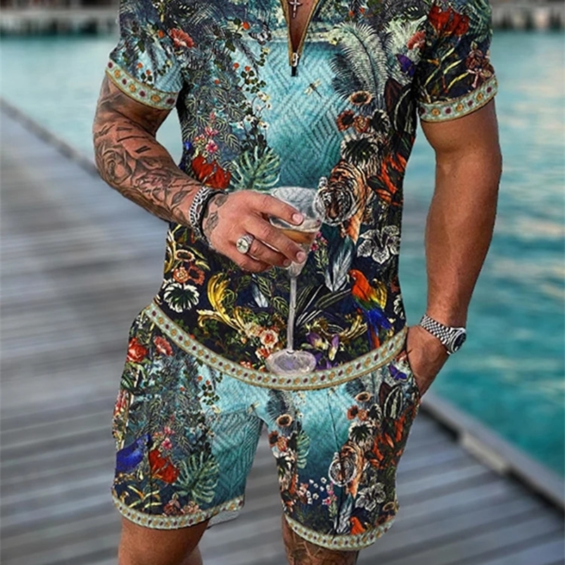 Summer Mens Fashion Casual 3D Printing V-neck Zipper Short Sleeve Polo Shirt Mens 2-piece Set Mens Wear 240930