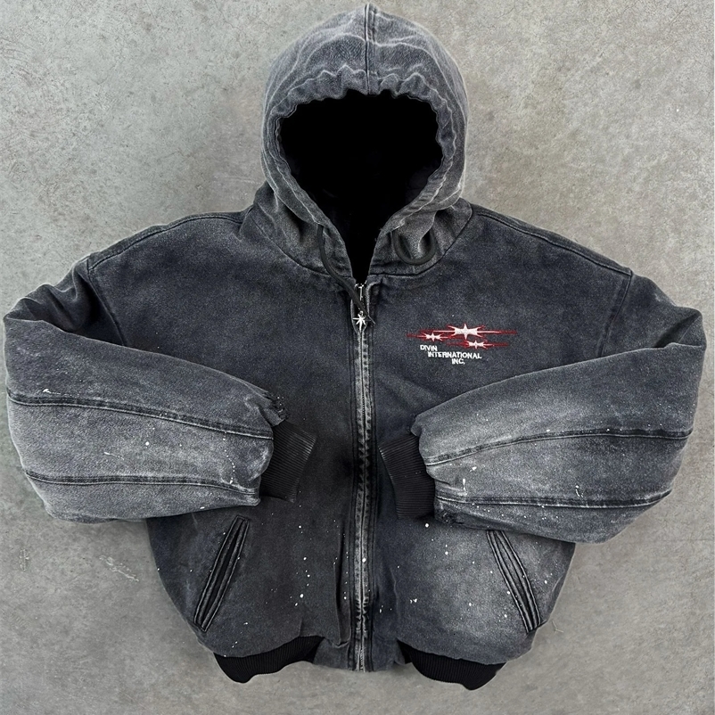 Divin Vintage Washed Jacket Y2K Zipper Hoodie Mens Rock Hip Hop Retro Embroidery Oversized Hoodie Sweatshirt Zipper Jacket Coats 250208bj