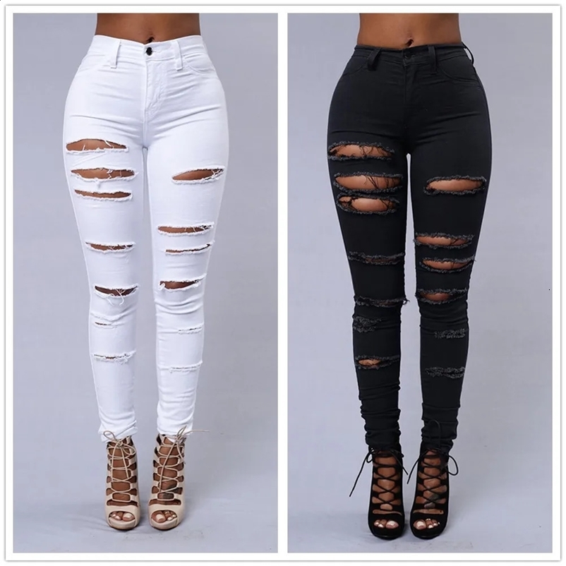 Spring Summer Elastic Trousers Black and White Ripped Jeans Fashion Sexy Skinny Denim Pencil Pants S-3XL Drop 250225