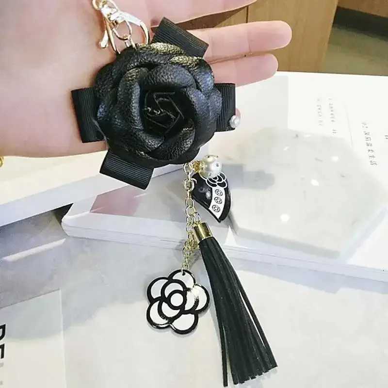 Fashion Korean Trendy Leather Bag Camellia Keychain Long Tassel Car Hanger Flower Key Chain Element Jewelry Hanger D250925