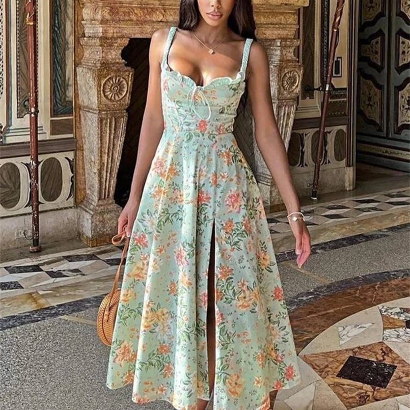 Townlike Print Slim Bodycon A-line Women Spaghetti Strap Summer Dress Midi Long Split Nightclub Sexy Party Dresses 250303 C260312