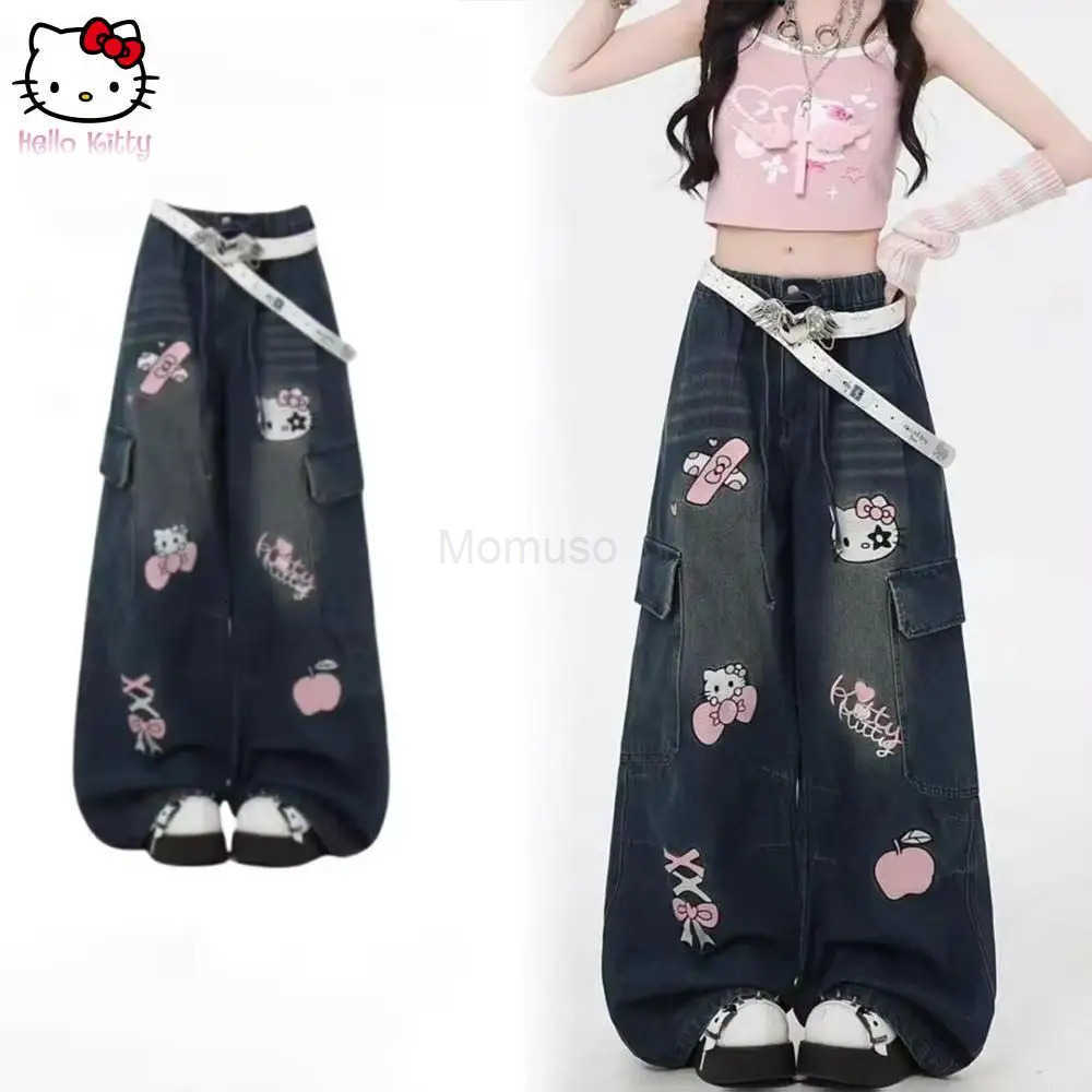 Sanrio Y2K Hello Kitty Loose Anime Wide Leg Pants Cute American Straight Leg Pants Sweet Girls Gift Cartoon Retro Women Jeans L2509251
