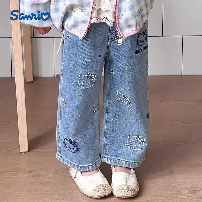 Sanrio Autumn Kawaii Hello Kitty Student Cute Cartoon Jeans Children Comfortable Warm Trousers Loose Trousers Gift for Kids L250925