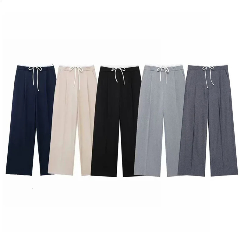 Womens casual loose wide leg pants with fashionable side zipper splicing work high waisted pants street clothing version straight pants 250427