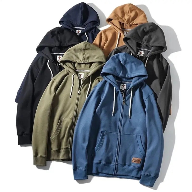 Autumn Winter American Retro Heavyweight Long Sleeved Hooded Hoodies Mens Simple Thickened Velvet Casual Cardigan Sweatshirts 240809