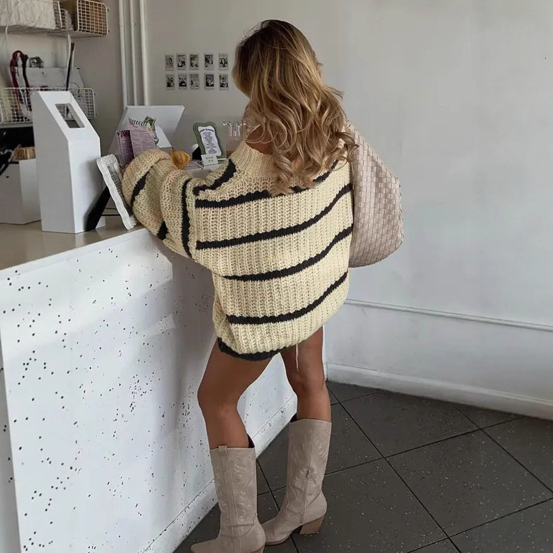Autumn Winter Casual Striped Lantern Sleeve Off-Shoulder Knitted Sweater Fashion Loose Top for Women