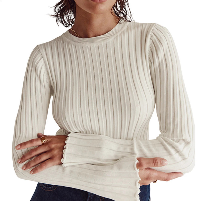 Women Soft Crewneck Short Sweaters Slim Fit Ribbed Fall Bell Sleeve Knit Elegant Laides Sweater Shirt Tops 240730