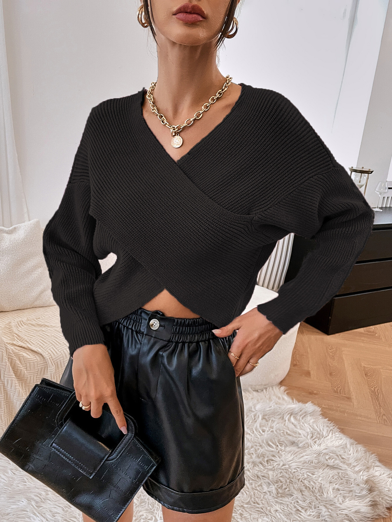 Autumn Winter Women's Knitted Solid Color Cross-Over Crop Sexy Pullover V-Neck Sweater Coat