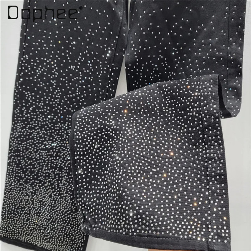 Rhinestone Black High Waist Jeans for Women Spring Autumn Loose AllMatching Straight Wide Leg Casual Mopping Pants 240601