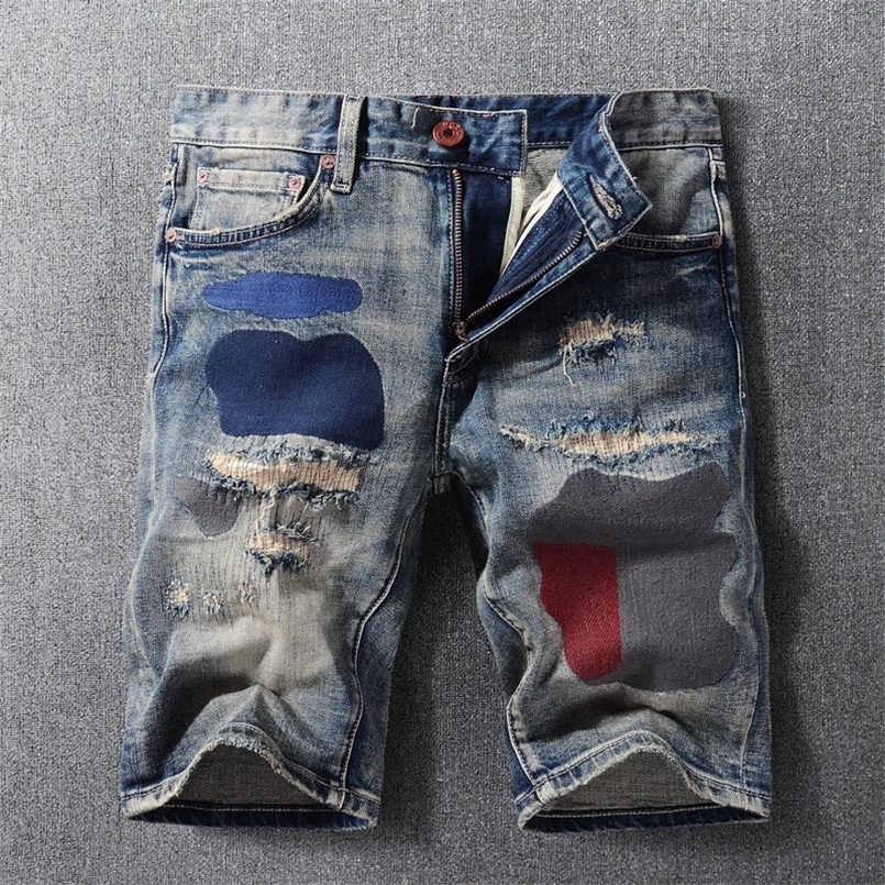 Summer Fashion Men Jeans Retro Blue Washed Elastic Patched Vintage Ripped Short Jeans Homme Hip Hop Denim Shorts Men 241205