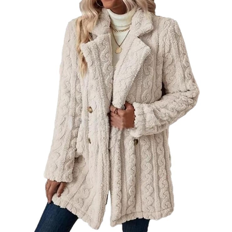 Women's Plush Coat Comfortable Casual Warm Suit Collar Double-Breasted Mid-Length Overcoat