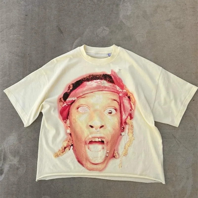 y2k top Street vintage portrait big head print short sleeve T-shirt Men summer Harajuku fashion loose oversized T-shirt 240530