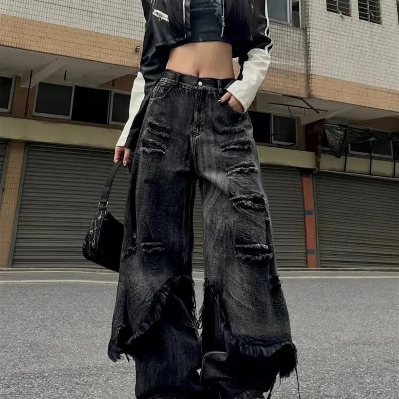 American high street two piece set distressed workwear jeans womens wide leg hip hop street raw edge floor-length pants 250225
