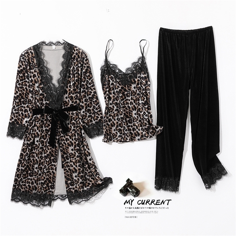 Women's Sleepwear Autumn Winter Velvet 3PCS Pajamas Set Women Sexy Leopard Lace Trim Sleepwear Pijamas Suit Casual Velour Bathrobe Home Clothes 2