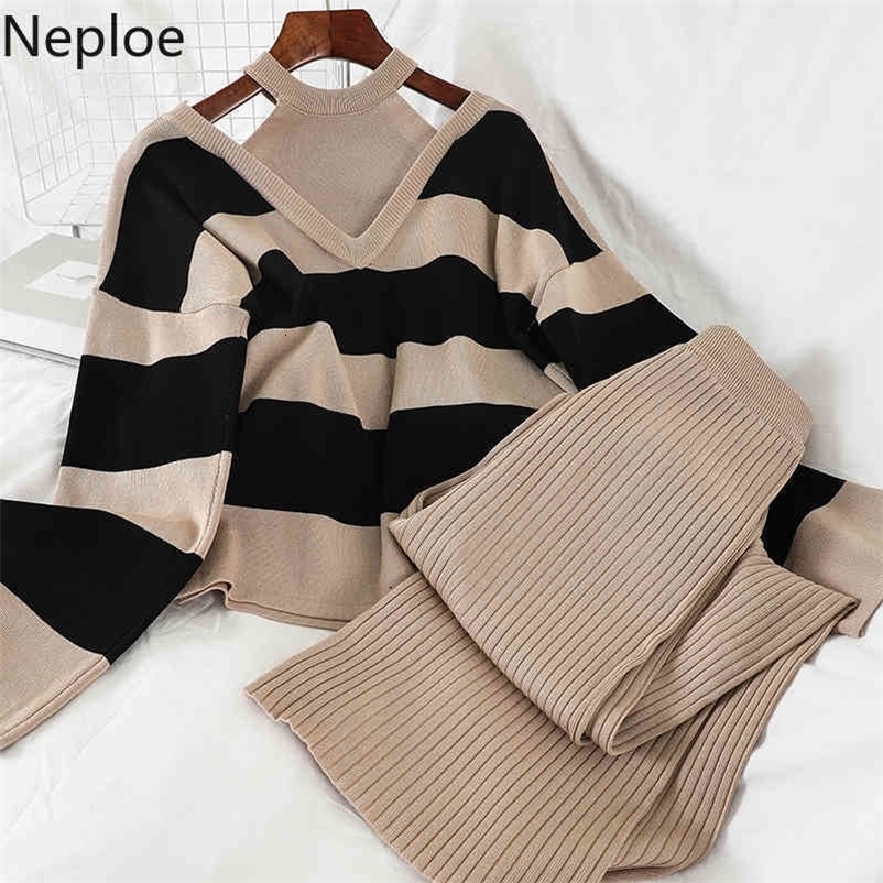 2PCS Set Women Knitted Pullovers Sweater Halter Stripe Knit Jumper Tops + Wide Leg Long Pants Suits Tracksuits 1G693 210430