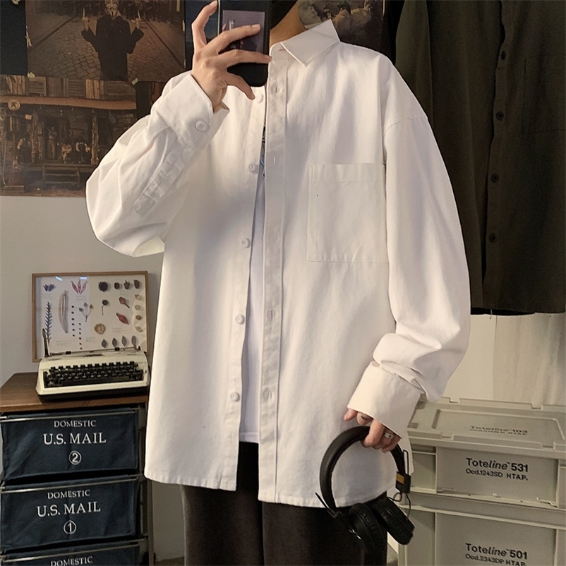 Men's Casual Shirts Pure white Long Sleeve Shirt Men's youth loose large fashion simple casual shirt autumn and winter solid color coat Cott