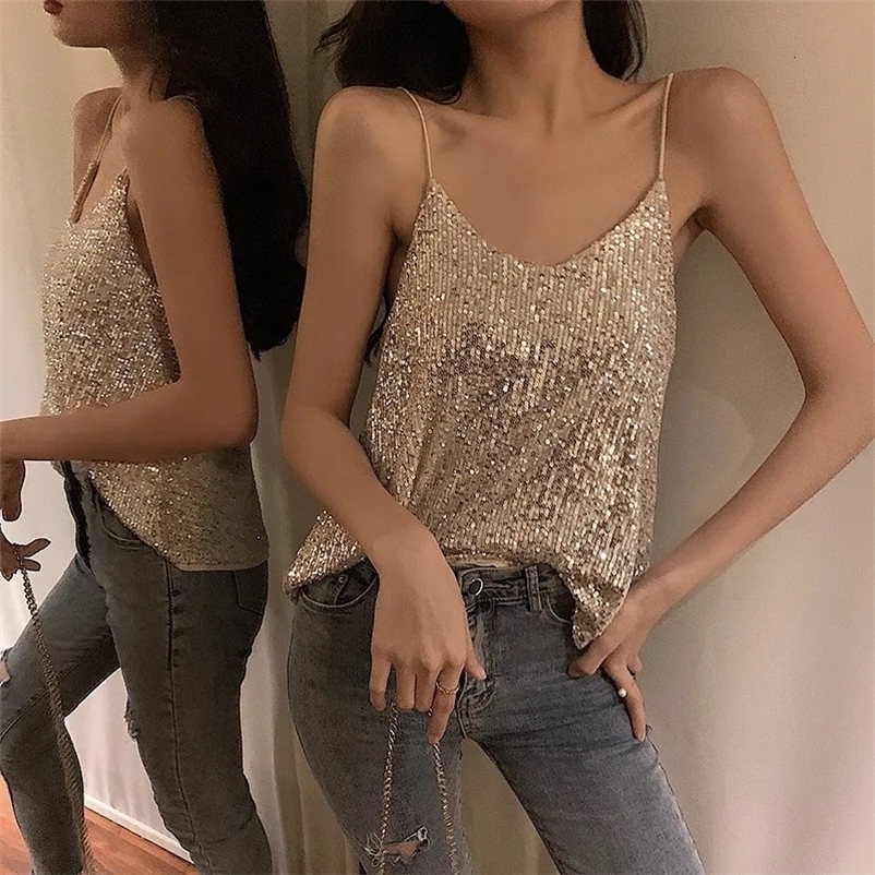 Camisoles Tanks Sequins Camisole Glitter Shiny Tank Top Chic Elegant Sleeveless Vests Vintage Loose Summer Clothes for Women 230518