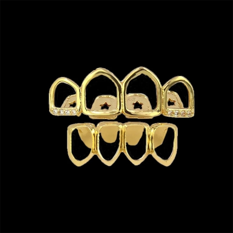 RACHELZ Hip Hop 4/4 Hollow Zircon Teeth Grillz For Women Men 14K Gold Plated CZ Stone Tooth Caps Body Jewelry 250427