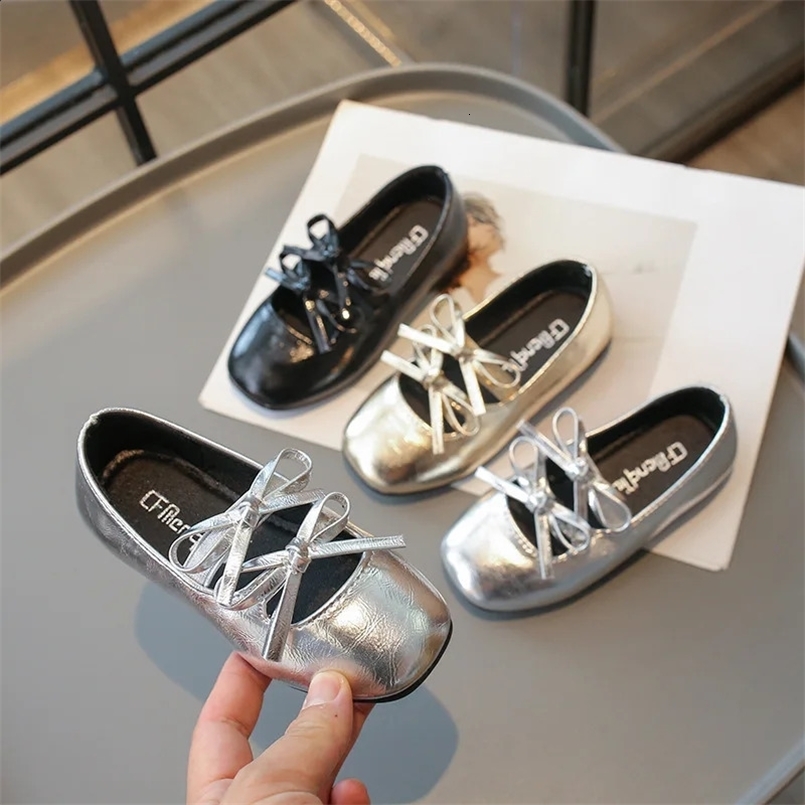 Princess Shoes for Girls Fashion Double Bowknot Chic Children Mary Jane Shoes Gold Sliver Square Toe Elegant Kids Flats 250206