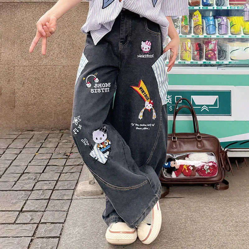 Sanrio Cartoon Hello Kittys Embroidery Jeans Y2K Womens Version Streetwear Jeans Fashion Printing Retro Wide Leg Pants Girls L250925