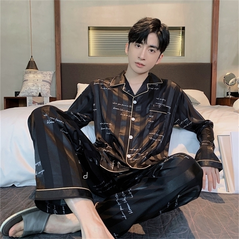 Men's Sleepwear Summer Spring Men's Pajamas Large Bust Sleepwear Nightie 5XL Silk Satin Sets Long Sleeve Home Clothes Nightwear Pajama Pyjam