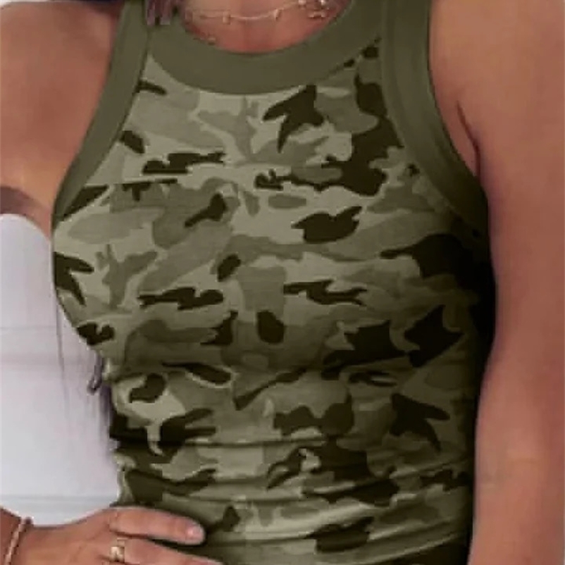 Womens casual camouflage round neck ribbed vest summer basic elastic vest sexy sleeveless crew neck vest womens clothing 250422