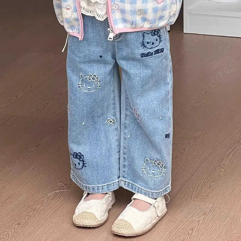 Sanrio Autumn Kawaii Hello Kitty Student Cute Cartoon Jeans Children Comfortable Warm Trousers Loose Trousers Gift for Kids L250925