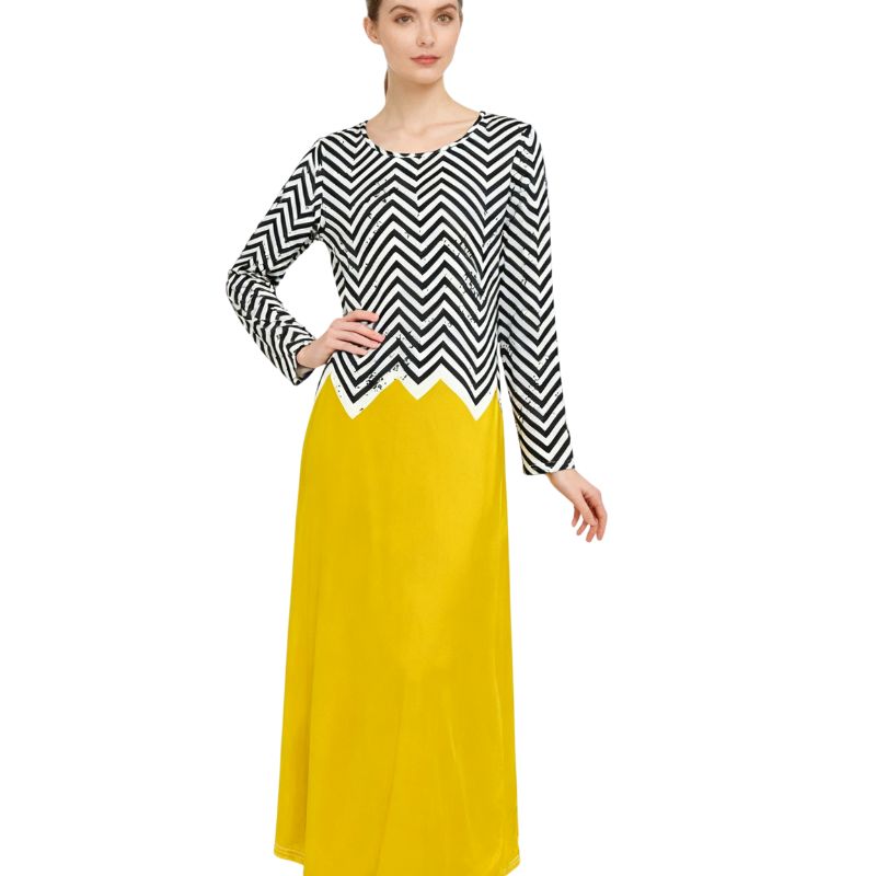 Women's Autumn & Winter Striped Patchwork Maxi Dress, Milk Silk Fashion Versatile Long - Sleeve Dress-CF55073