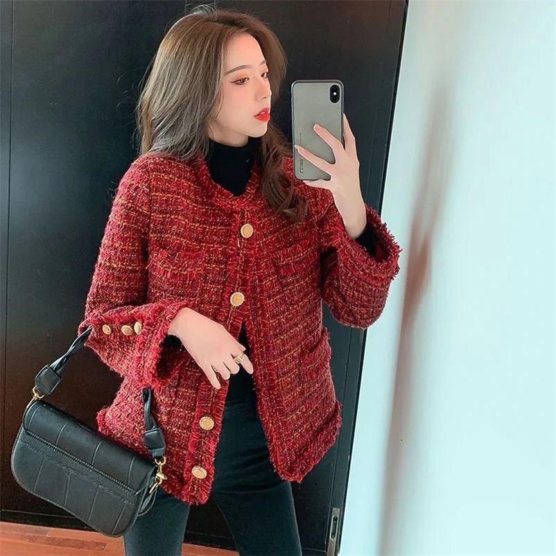 Women's Jackets Autumn Winter Women Short Temperamental Tweed Coat Female Slim Casual All-Match Loose Korean Style Crew Neck Outwear 231006