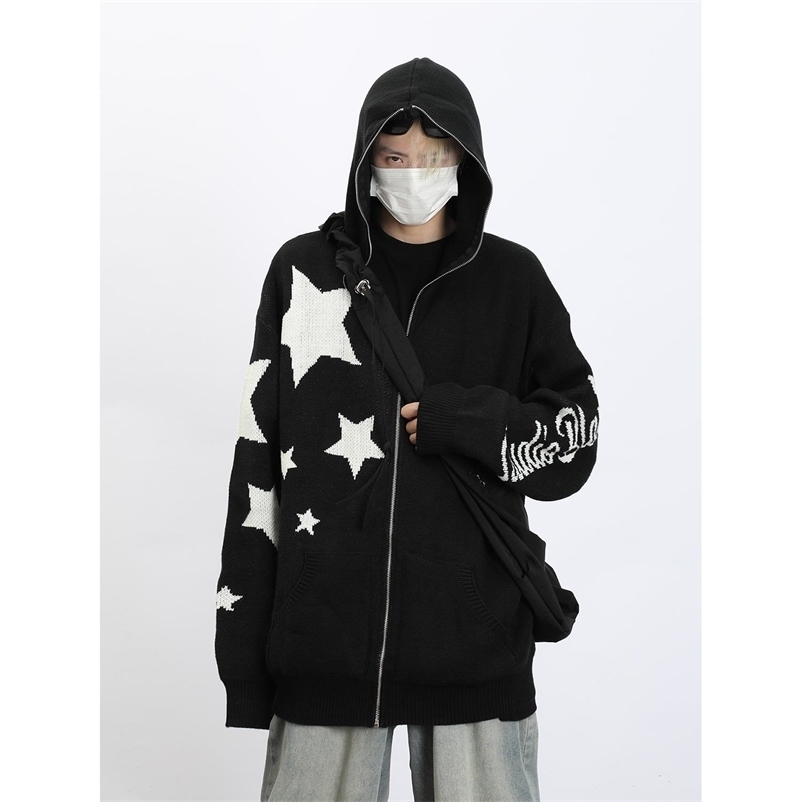 Men's Sweaters Star zipper cardigan hooded knitted sweater for men and women American retro ins loose casual all-match hooded sweater jacket 2308