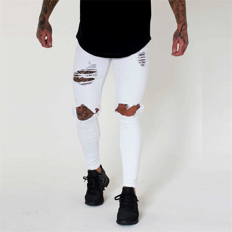 Wihte Men Knee Ripped Holes Skinny Destroyed Jeans Fashion Slim Fit Hip hop Mens Streetwear Cotton High quality Joggers Jeans 211009