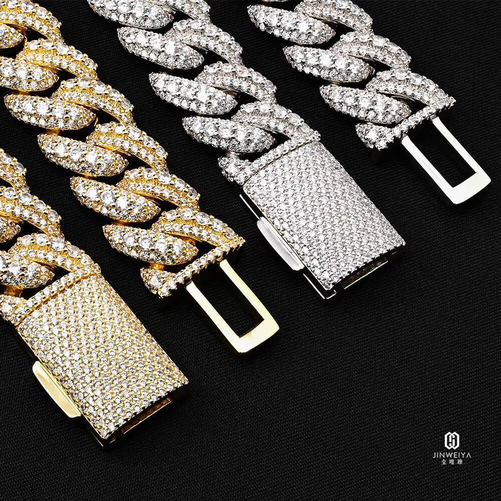 JWY 14mm Iced Out Cuban Link Chain 18K White Gold Plated 925 Silver Necklace with Dense Moissanite Bling Diamond for Wedding