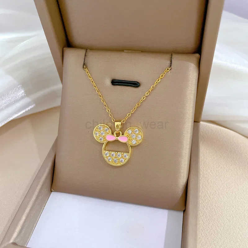 Disney Stainless Steel Cartoon Pink Bowknot Minnie Mouse Necklace for Women Girls Lovely Cute Accessories Cosplay Gifts for Kids H250925