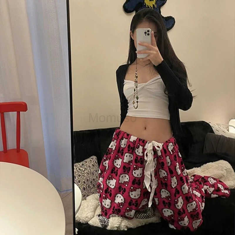 Sanrio Hello Kitty Cartoon Printing Wide Leg Pants Loose Hello Kitty Pajamas Elastic Waist Straight Casual Pants Girls Gifts L250925