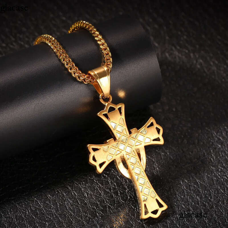 Shining Cross Pendants Necklace Stainless Steel Real Gold Plated Men Gift Religious Jewelry