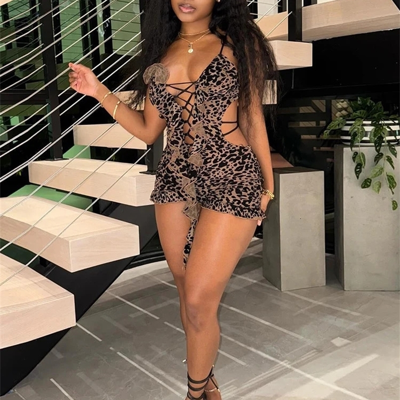 Ruffle Drawstring Women Playsuits Sexy Cleavage Hollow Low Neck Backless Skinny Rompers Female Trend Attirewear 250226