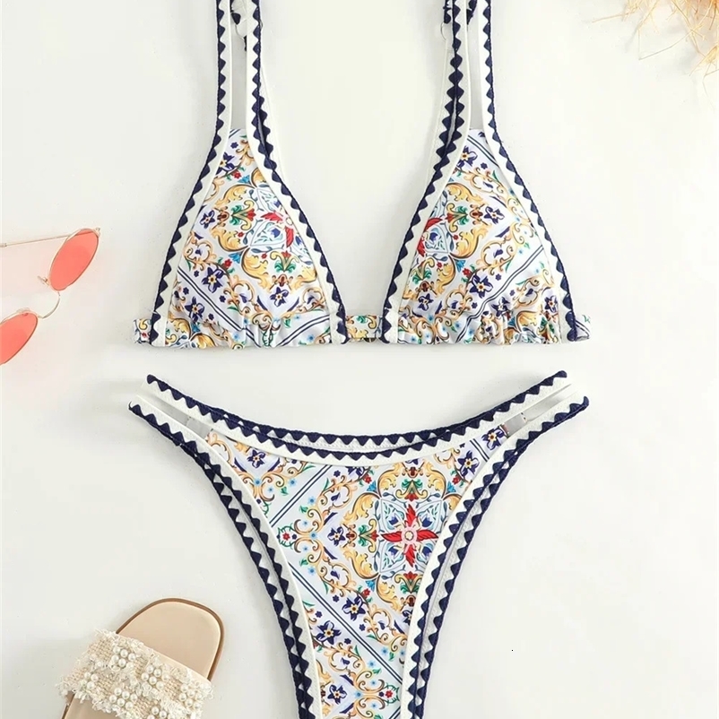 Trend Print Bikini Bordered Straps Swimsuit Thong Push Up Y2K Boho Swimwear Kawaii Women Two Piece Brazil BeachWear Bathing Suit 250118