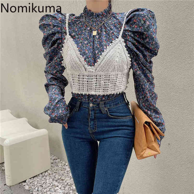 Nomikuma Spring New Women Two Piece Sets Vintage Stand Neck Puff Sleeve Pullover Blusas + Hook Hollow-out Sling Vest 6D915 210427