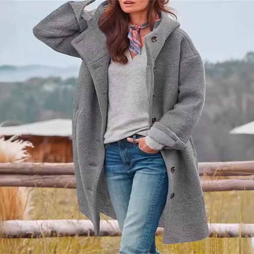Autumn Winter Women's Sleeve Long Hooded Woolen Casual Loose Coat