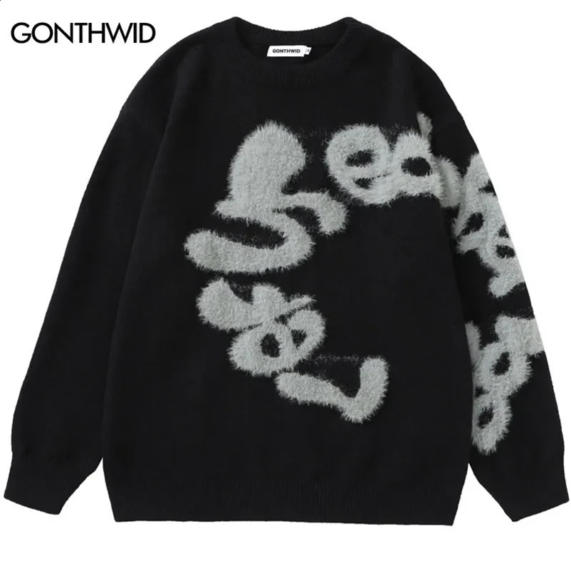 Black Fluffy Letter Sweater 240911