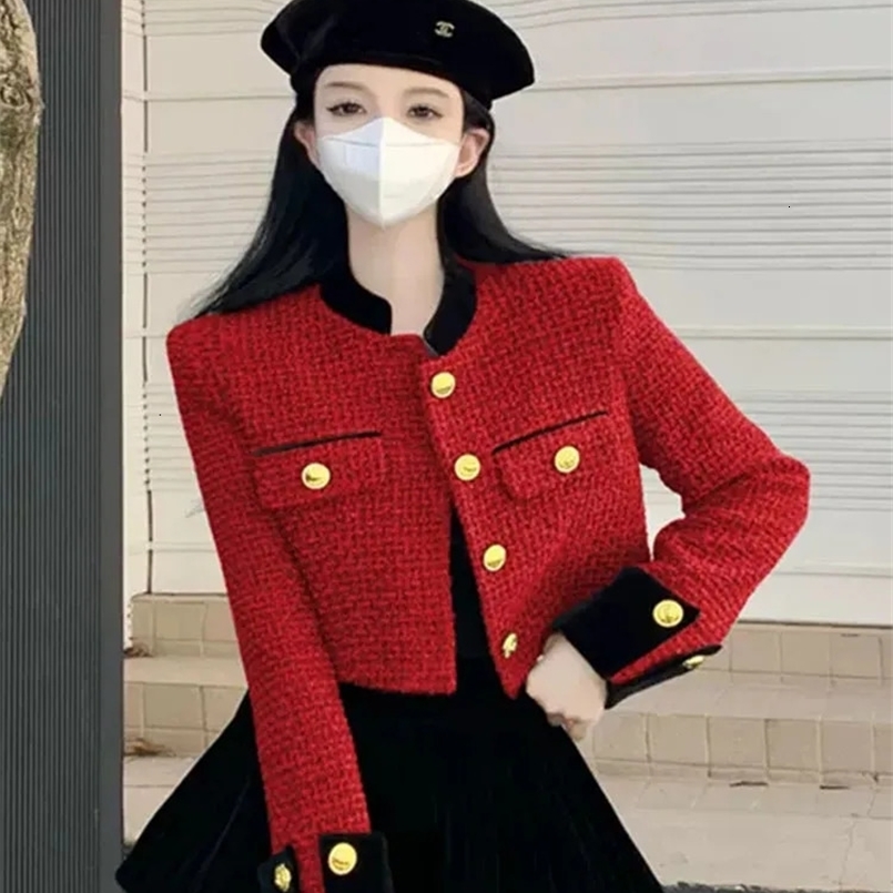 Zoki Christmas Red Sweet Tweed Jackets Women Elegant Long Sleeve Slim Short Coat Korean Casual Vintage All Match Outwear Tops 241220